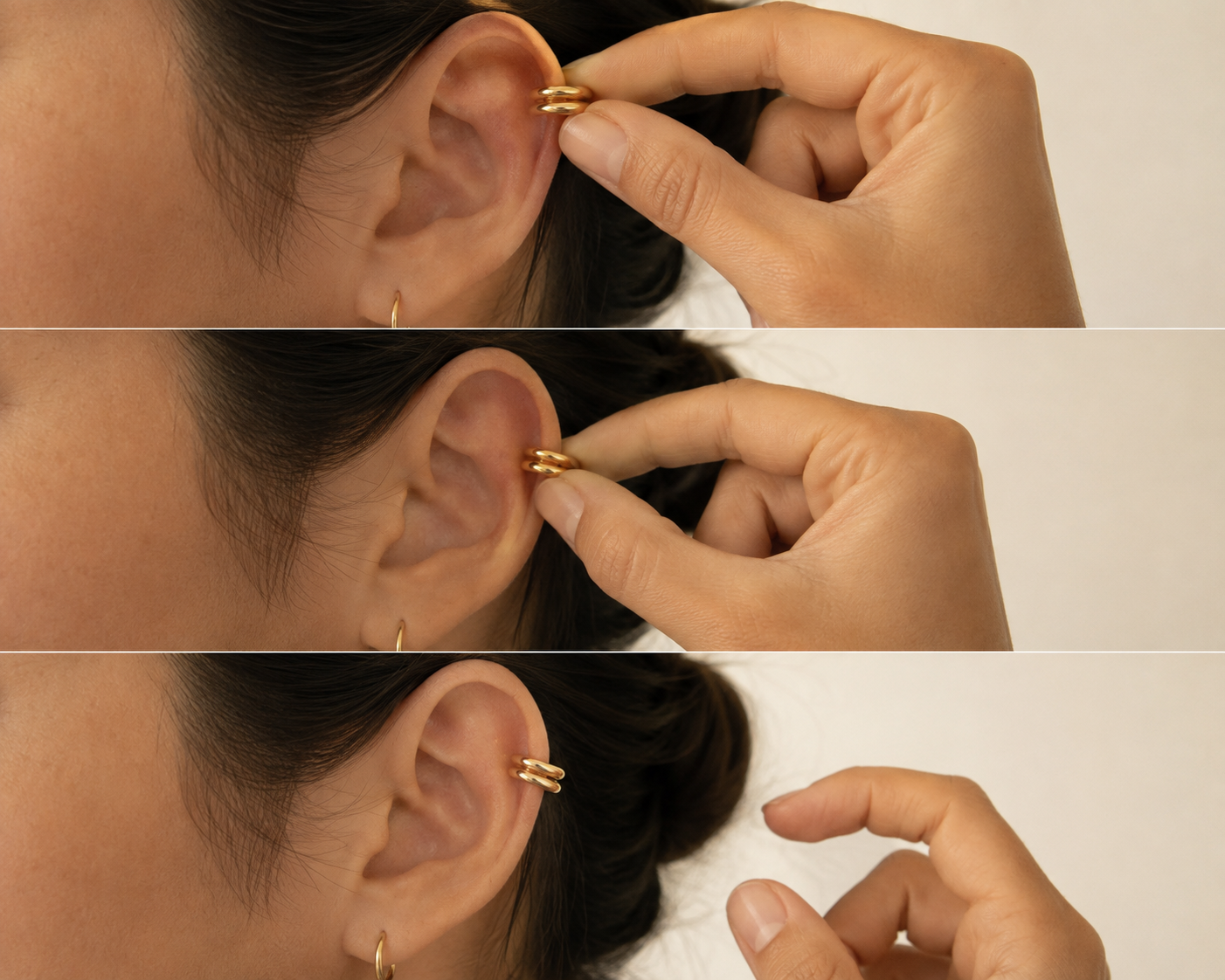 Three-step sequence showing a gold ear cuff being positioned at the top of the ear, slid into place, and seated on the cartilage. No piercing needed. Comes off the same way.