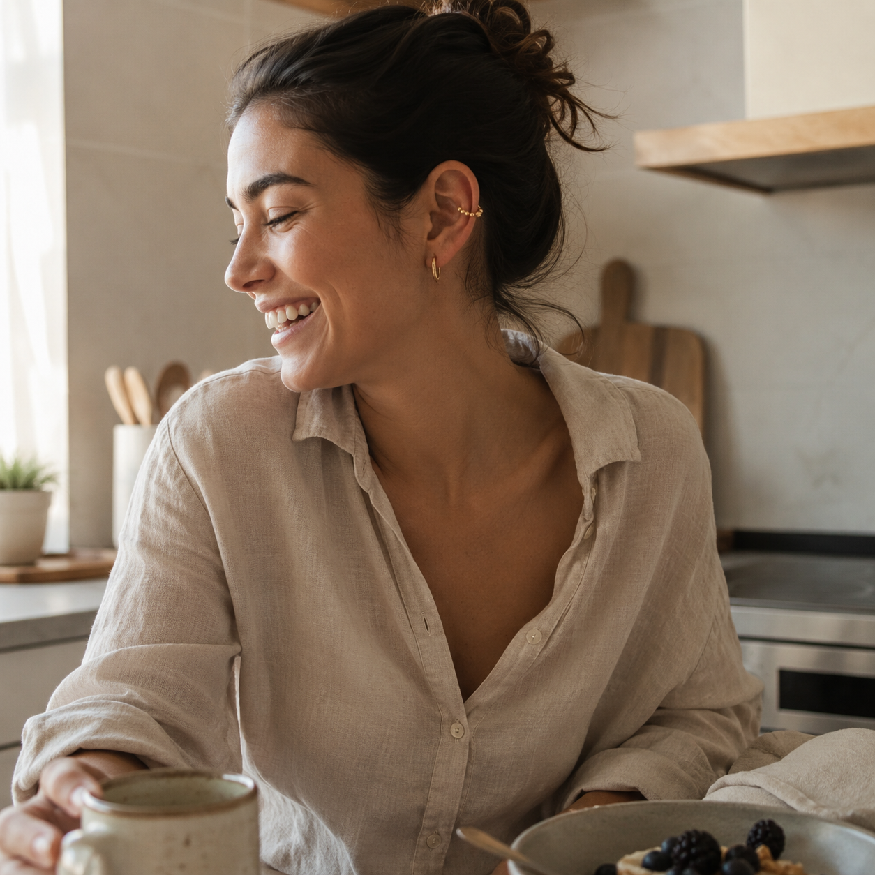 Woman wearing gold ear cuffs at a kitchen counter in the morning, relaxed and mid-motion. No piercing needed. Comfortable enough to forget you are wearing it.