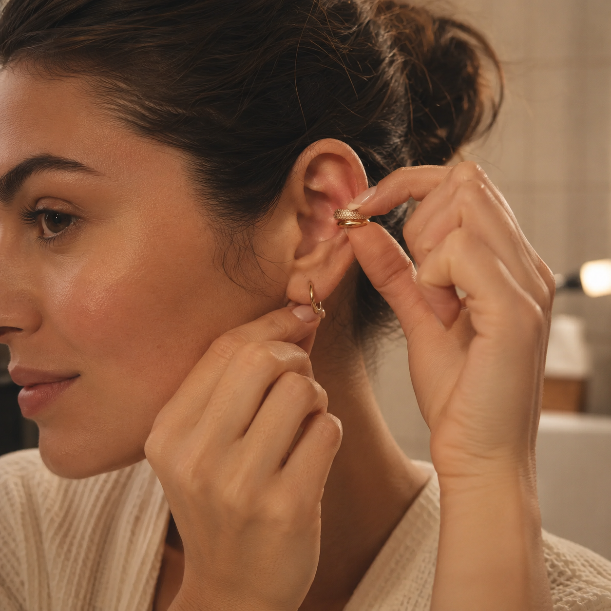 Hands sliding a gold ear cuff down onto the upper ear, caught mid-gesture. No piercing needed. Goes on in about six seconds.