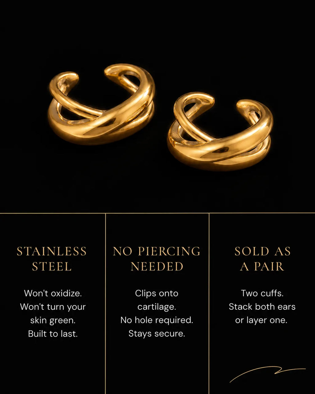 Axis ear cuff specs, stainless steel, no piercing needed, clips onto cartilage, sold as a pair