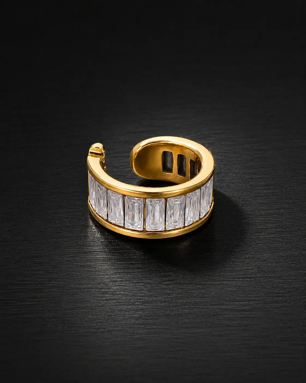 Gold Baguette ear cuff with clear baguette zirconia, channel set, close-up