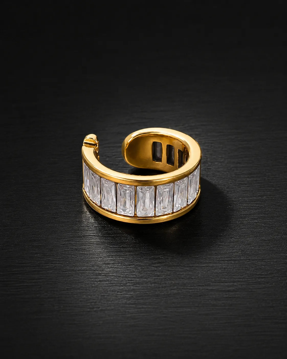 Gold Baguette ear cuff with clear baguette zirconia, channel set, close-up