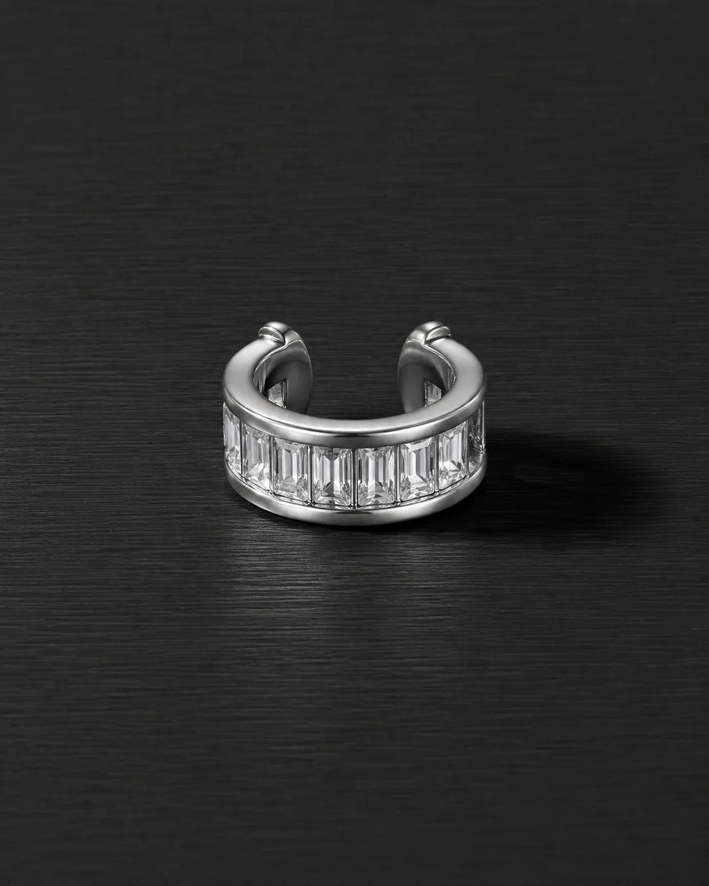 Silver Baguette ear cuff with clear baguette zirconia, channel set, close-up