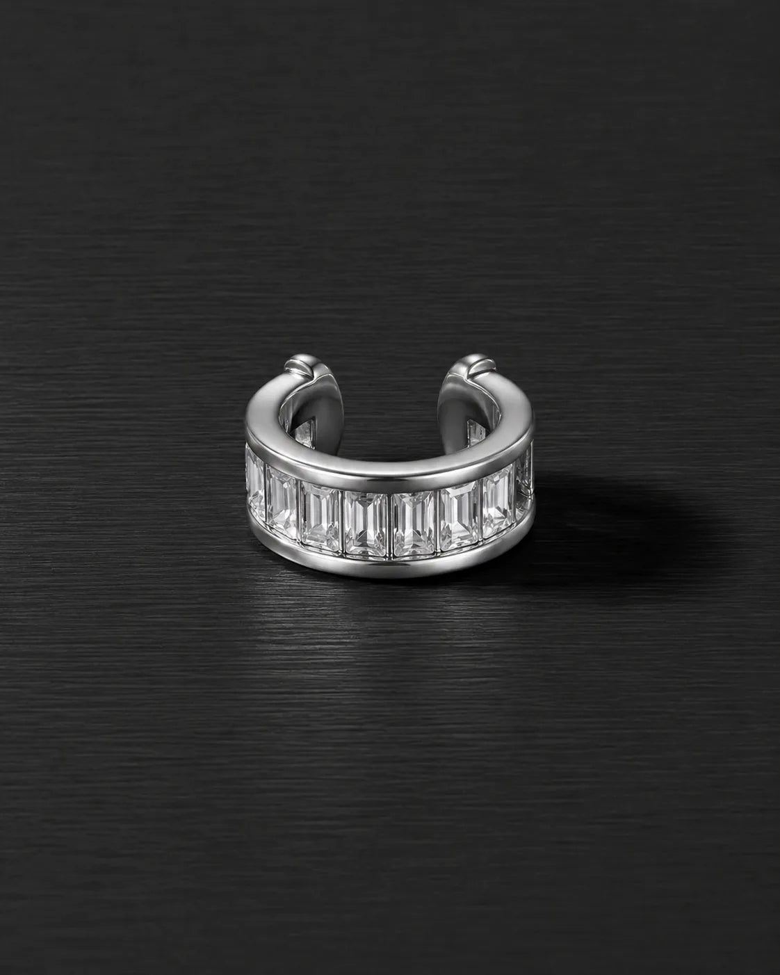Silver Baguette ear cuff with clear baguette zirconia, channel set, close-up