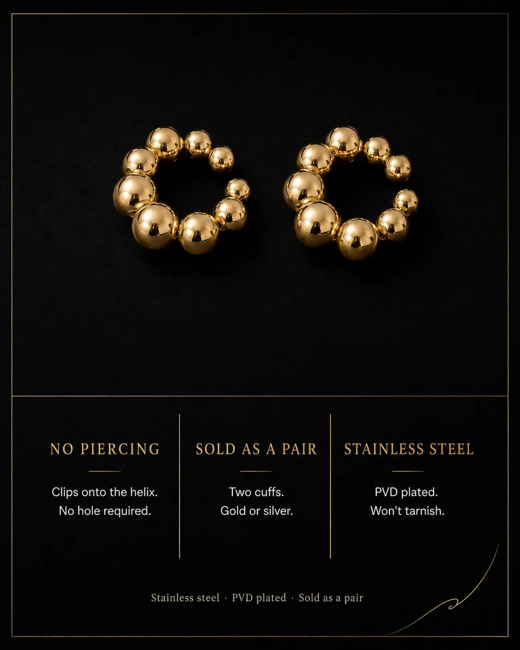Orbit ear cuff specs, no piercing, clips onto helix, PVD plated stainless steel, sold as a pair