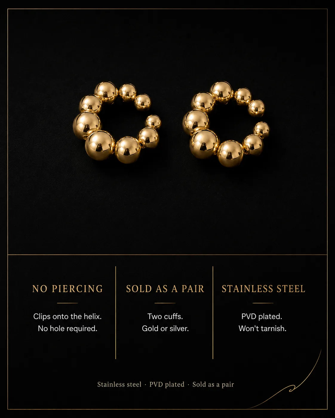 Orbit ear cuff specs, no piercing, clips onto helix, PVD plated stainless steel, sold as a pair