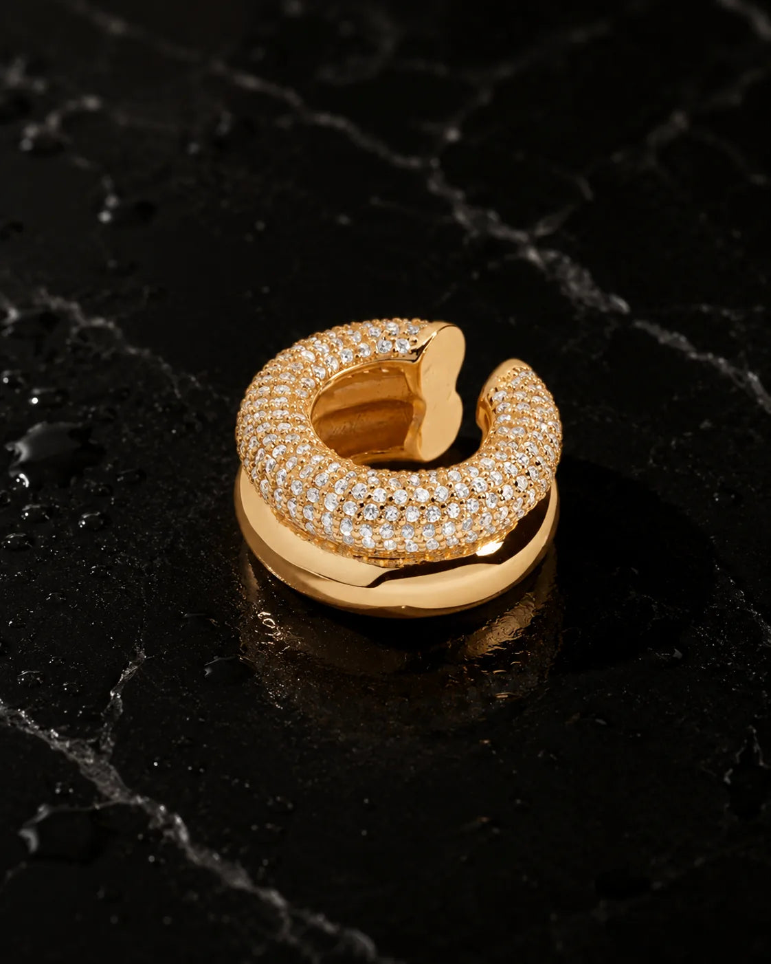 Gold pave dome ear cuff, upper band covered in micro pave round zirconia, lower band polished