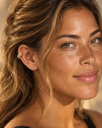 Gold Pave Dome ear cuff worn on the upper ear cartilage, micro pave domed upper band above a polished lower band. No piercing needed. Stainless steel.