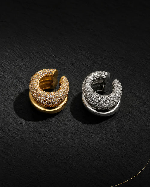 Pave dome ear cuff in gold and silver on black slate, no piercing needed, micro pave zirconia