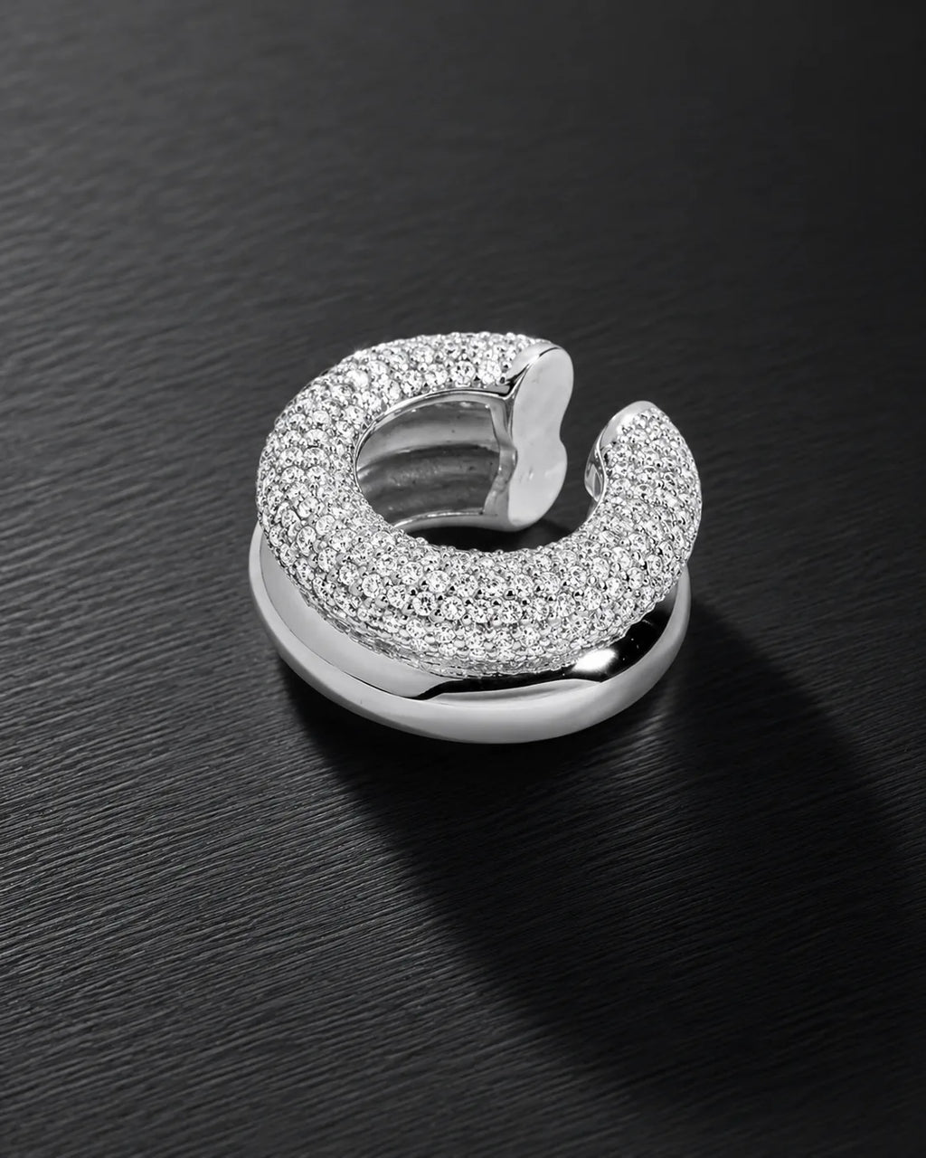 Silver pave dome ear cuff, upper band covered in micro pave round zirconia, lower band polished