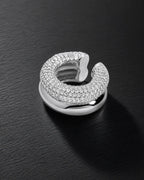 Silver pave dome ear cuff, upper band covered in micro pave round zirconia, lower band polished