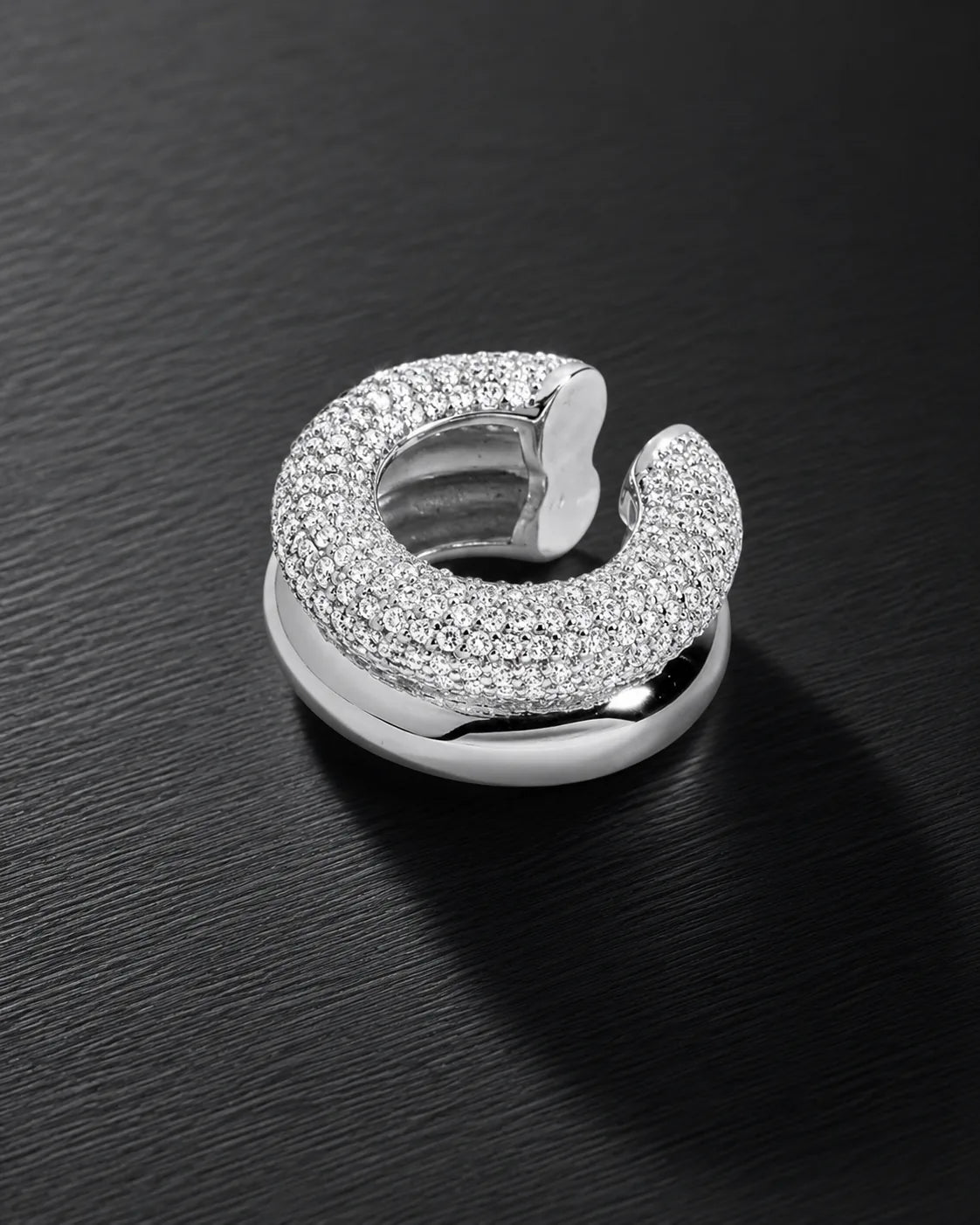 Silver pave dome ear cuff, upper band covered in micro pave round zirconia, lower band polished