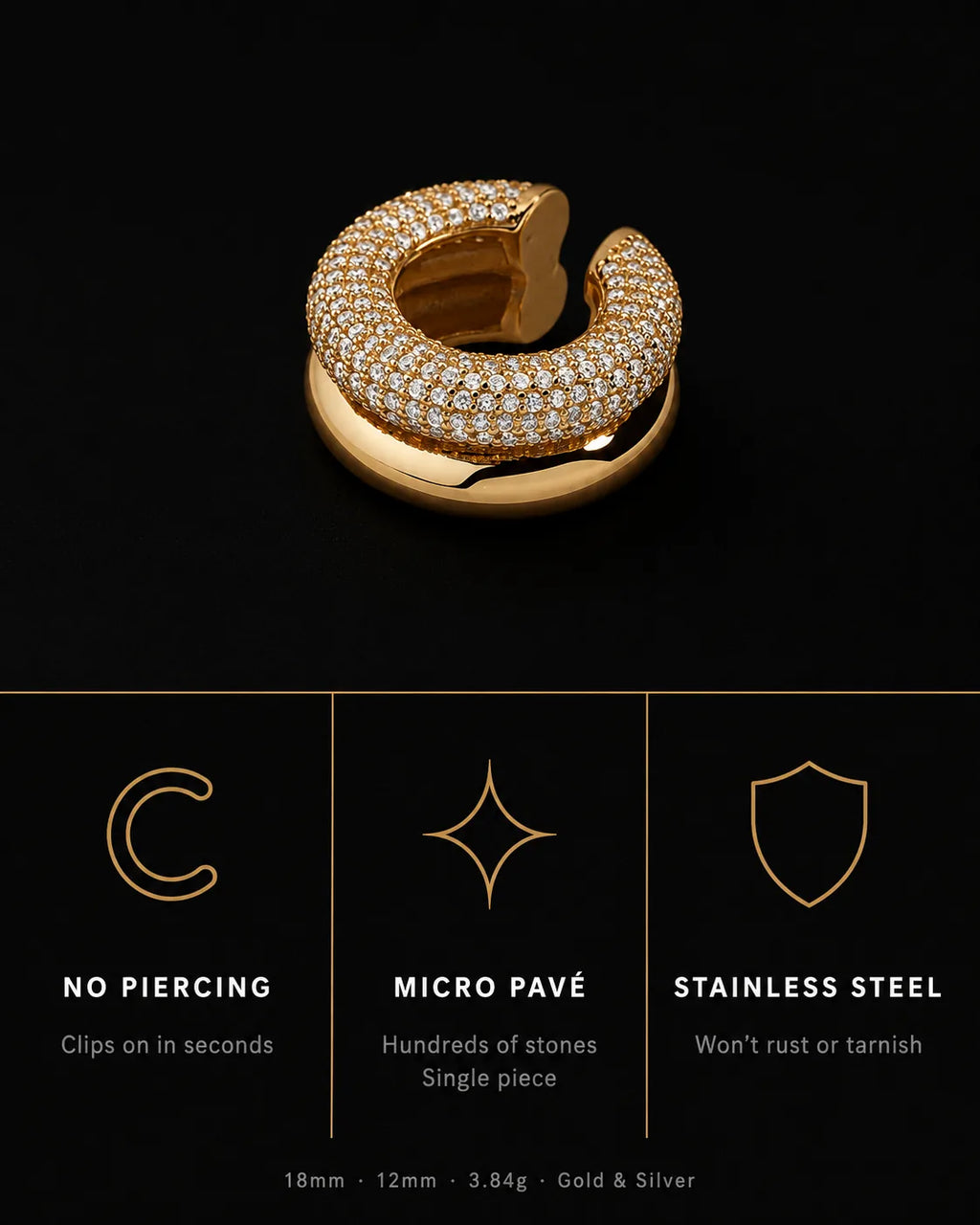Pave dome ear cuff specs, no piercing, micro pave zirconia, stainless steel, 18mm 12mm 3.84g