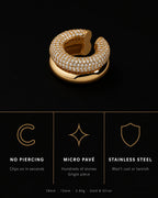 Pave dome ear cuff specs, no piercing, micro pave zirconia, stainless steel, 18mm 12mm 3.84g