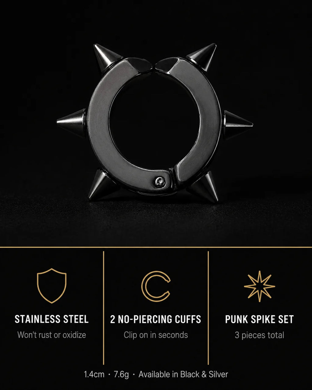 Spike cuff set specs, stainless steel, two no-piercing cuffs, three pieces, 1.4cm 7.6g