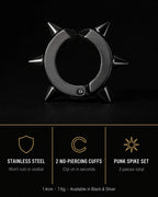 Spike cuff set specs, stainless steel, two no-piercing cuffs, three pieces, 1.4cm 7.6g