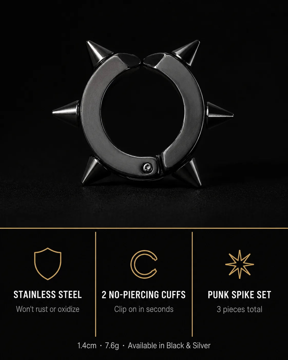 Spike cuff set specs, stainless steel, two no-piercing cuffs, three pieces, 1.4cm 7.6g